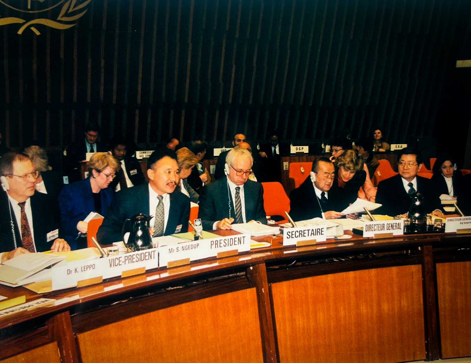 Presiding at the podium during a World Health Assembly session in Geneva