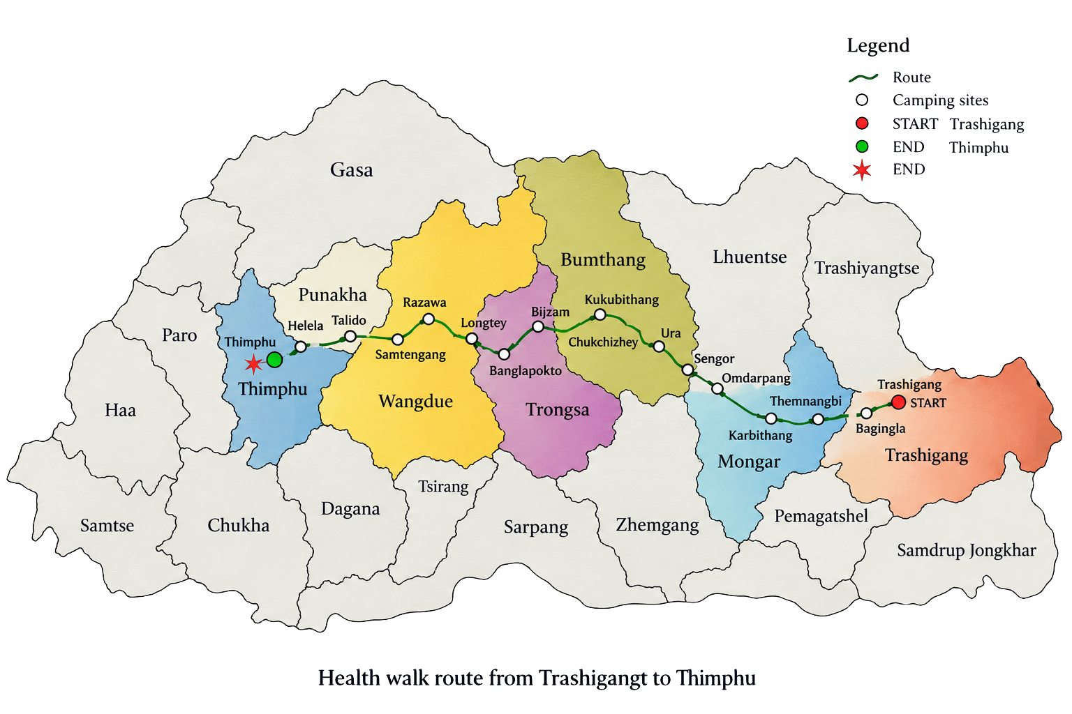 Map of the Move for Health Walk route, beginning in Trashigang and ending in Thimphu